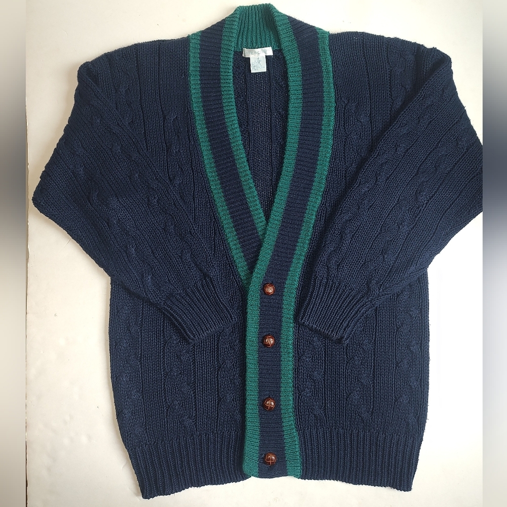 Jamie Scott Chunky Cable Cardigan Fishermen Navy Blue Green Buttons Vintage M L